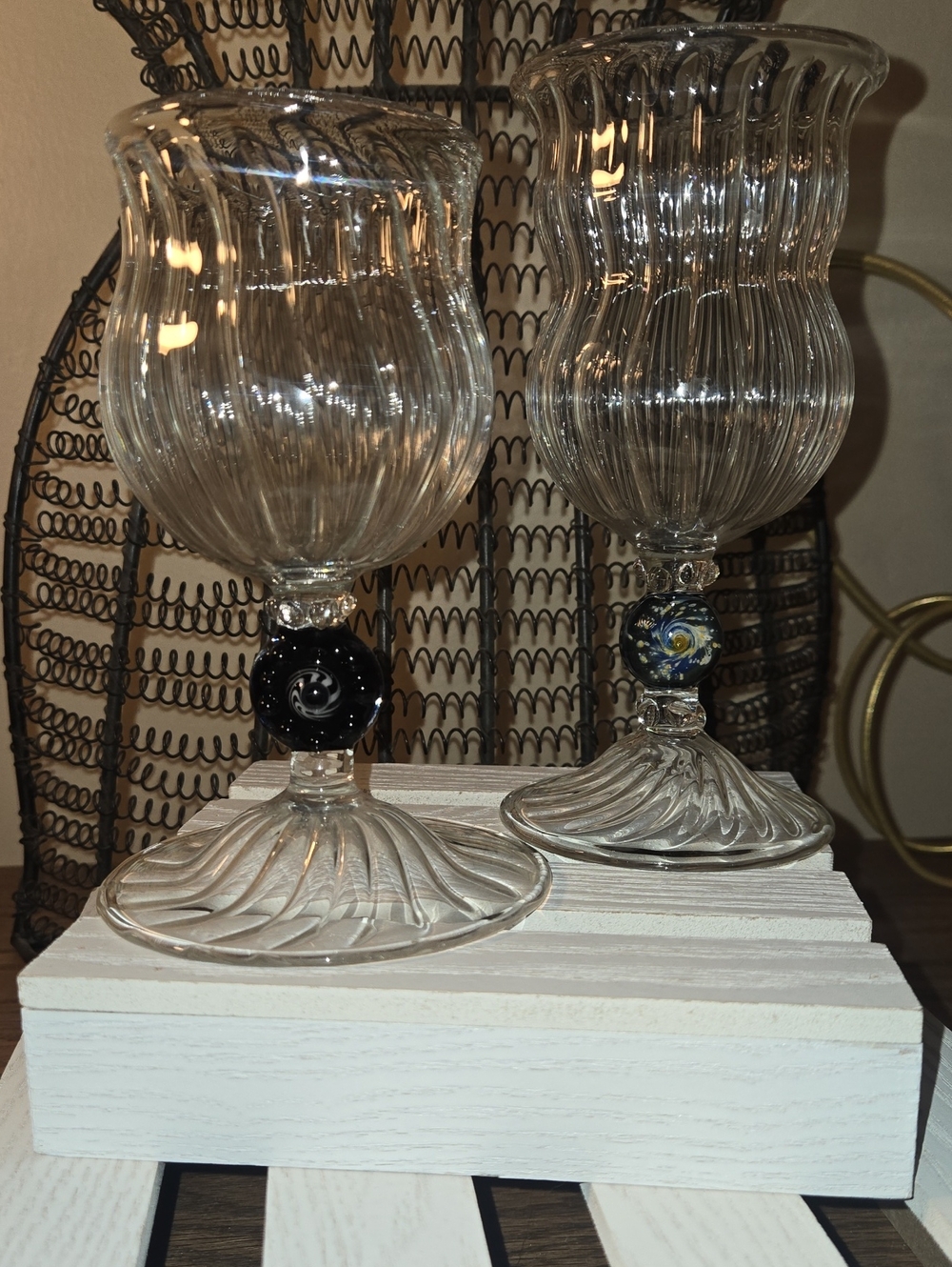 Clear Glass Ribbed Goblets with Decorative Black Accent - Home Accents